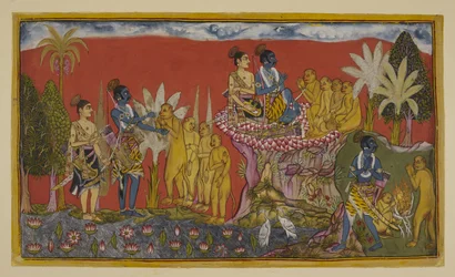Hanuman amène maintenant Rama et Laksmana en présence de Sugriva sur la montagne. Rama et Sugriva se serrent la main en signe de leur vœu d