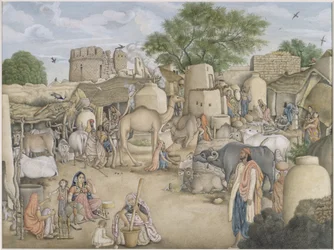 Scène de rue dans le village de Raniya, vers 1816-20