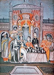 Un prince indien divertit des officiers britanniques, vers 1810