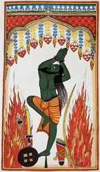 Aradjama, priant et faisant pénitence pour obtenir les armes qui le rendront invincible, lithographie du 18ème siècle