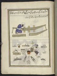 Constructeurs de bateaux, 86 dessins reliés en un volume représentant des métiers et occupations au Cachemire, des artisans montrés au travail avec leurs outils et équipements, par un artiste du Cachemire, probablement à Srinagar, c.1850-60