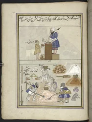 Maçons, 86 dessins reliés en un volume représentant les métiers et occupations au Cachemire, des artisans au travail avec leurs outils et équipements, par un artiste du Cachemire, probablement à Srinagar, vers 1850-60