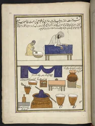 Imprimeur de tissus avec un bloc à main, et teinturier, 86 dessins reliés en un volume représentant des métiers et occupations au Cachemire, les artisans sont montrés au travail avec leurs outils et équipements, par un artiste du Cachemire, probablement à 