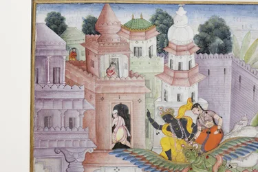 (détail) Krishna fend le démon Narakasura avec son disque, c.1585-90