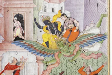(détail) Krishna fend le démon Narakasura avec son disque