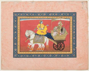 Dialogue entre Krishna et Arjuna sur le champ de bataille de Kurukshetra