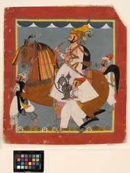 Raja Bhim Singh équestre avec une chicha et des serviteurs, vers 1820