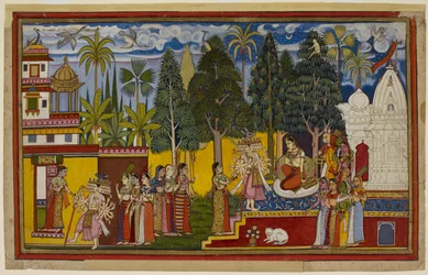 Depuis un arbre Shingshapa, Hanumān observe Sītā entourée de titans féminins alors que Rāvaṇa arrive, la suppliant de l