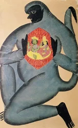 Hanuman révélant Rama et Sita enchâssés dans son cœur, peint par un membre de la caste Patua, 1880