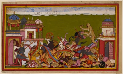Hanumān détruit le temple, défait les forces de Rāvaṇa et un homme s