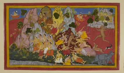 Hanumān combat les gandharvas et déracine une montagne pour obtenir des herbes curatives.