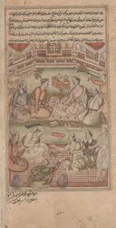 Savants hindous et musulmans traduisant le Mahabharata du sanskrit en persan, illustration du Razmnama, 1598-99