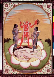 Icône de Chinnamasta, la Mahavidya émergeant des corps joints du Couple Originel, Kangra, vers 1800