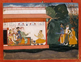 Illustration du Bhagvata Purana représentant Balarama prenant Akrura par la main avec son jeune frère Krishna, vers 1700