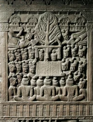 Art indien, hindouisme : bas-relief représentant des esprits Yaksha, 2ème siècle av. J.-C. Kolkata, Musée indien