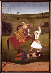 Art indien : bataille entre un prince à cheval et un guerrier