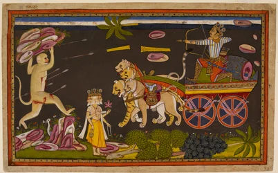 Indrajit combat Hanumān, qui se laisse capturer pour rencontrer Rāvaṇa, confiant dans la protection des dieux. 1653 (miniature)