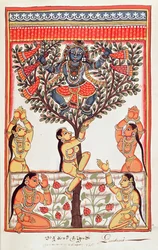 Krishna volant les vêtements des Gopi nageant dans la rivière Yamuna