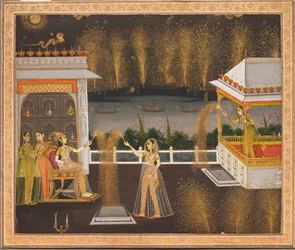 Dames célébrant Diwali, vers 1760 (aquarelle opaque et or sur papier)
