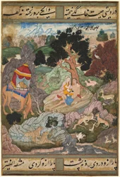 Layla et Majnun dans la nature avec des animaux, du Khamsa (Quintette) d
