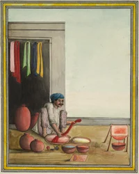 Homme teignant un tissu, début des années 1830 (encre et couleur sur papier)
