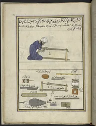Homme fabriquant des peignes pour métiers à tisser, 86 dessins reliés en un volume représentant des métiers et occupations au Cachemire, Artiste du Cachemire, probablement à Srinagar, c.1850-60