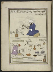 Hommes couvrant des serpents de hookah avec du fil et du fil métallique, 86 dessins reliés en un volume représentant des métiers et occupations au Cachemire, les artisans sont montrés au travail avec leurs outils et équipements, par un artiste du Cachemire