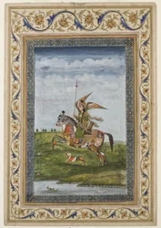 Miniature représentant une scène avec une figure ailée sur un cheval, probablement école de Delhi, Mughal, Indien, début du 19ème siècle
