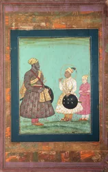 Murtaza Nizam Shah avec un vizir noir, peut-être Malik Ambar, et un homme plus jeune, vers 1680