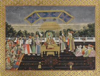 Nadir Shah sur le trône du paon après sa défaite de Muhammad Shah, vers 1850