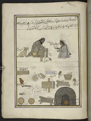 Fabricants de punkah, 86 dessins reliés en un volume représentant des métiers et occupations au Cachemire, des artisans montrés au travail avec leurs outils et équipements, par un artiste du Cachemire, probablement à Srinagar, c.1850-60