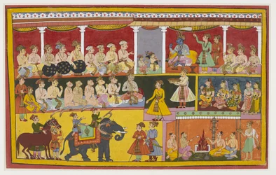 Rama écoute Lava et Kusha chanter le Ramayana, avec des singes et Vibhishana.