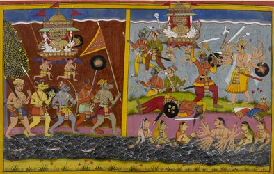 Rāvaṇa avance pour combattre Arjuna, qui bat son général Prahasta.