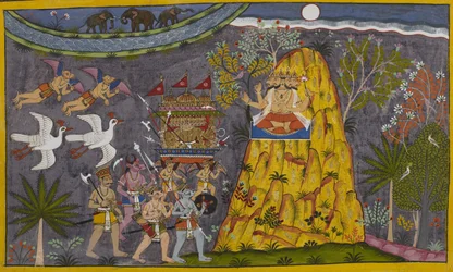 Rāvaṇa monte sur la lune, mais Brahmā intervient et l