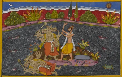 Rāvaṇa combat le mahāpuruṣa, le sage Kapila, qui le vainc.