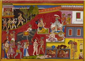 Rāvaṇa descend au royaume de Yama, suivi par Nārada.