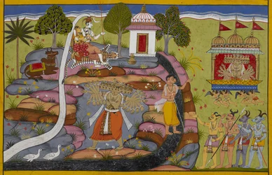 Rāvaṇa chevauche le char de Puṣpaka, puis soulève et secoue le mont Kailāsa pour défier Śiva.