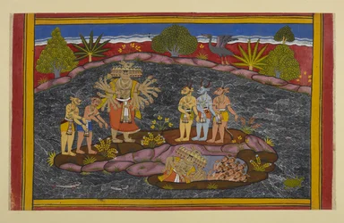 Rāvaṇa cherche le puruṣa, entre dans une grotte et trouve des milliers d