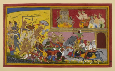 Rāvaṇa envoie Kumbha, Nikumbha et les démons combattre les singes, Rāma et ses alliés observent.