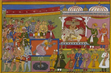 Rāvaṇa est assis sur son trône tandis que sa sœur Śūrpaṇakhā pleure la mort de son mari par sa main.