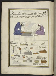Cordonnier et sa femme fabriquant une pantoufle, 86 dessins reliés en un volume représentant des métiers et occupations au Cachemire, les artisans sont montrés au travail avec leurs outils et équipements, par un artiste du Cachemire, probablement à Srinaga