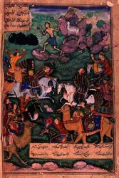 La Bataille des Clans, folio 15b du poème Layla et Majnun, écrit par Amir Khusrau Dihlavi (1253-1325) basé sur l