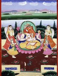 La divinité Ganesha (Ganesh ou Ganapati), fille de Shiva et Parvati. Imprimé populaire indien du 19ème siècle