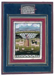 Todi ragini - Une dame jouant de la vina dans un paysage avec des animaux