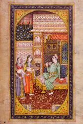 Deux servantes servent des rafraîchissements à un noble dans une pièce richement décorée, miniature rajasthani