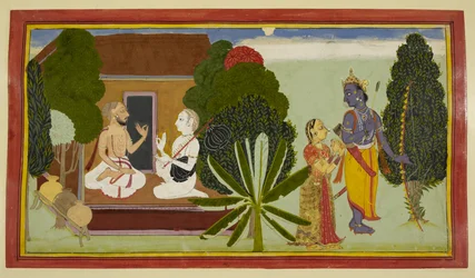 Valmiki et Narada conversent à gauche, avec Rama et Sita à droite.