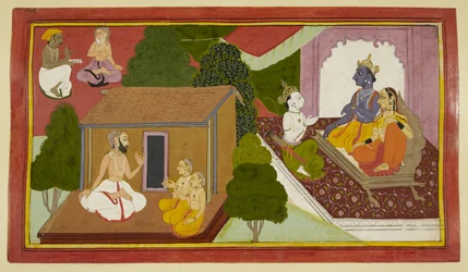 Valmiki enseigne à Kusha et Lava, tandis que Rama et Sita sont conseillés par un messager.