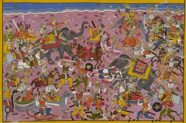 Viṣṇu combat les démons ; Mali tombe, transpercé par une lance.