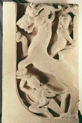 Guerriers combattant un lion-griffon