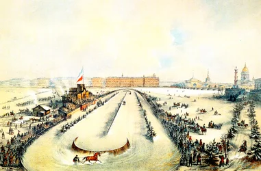 Courses de chevaux sur la rivière Neva gelée à Saint-Pétersbourg, Russie, 1859